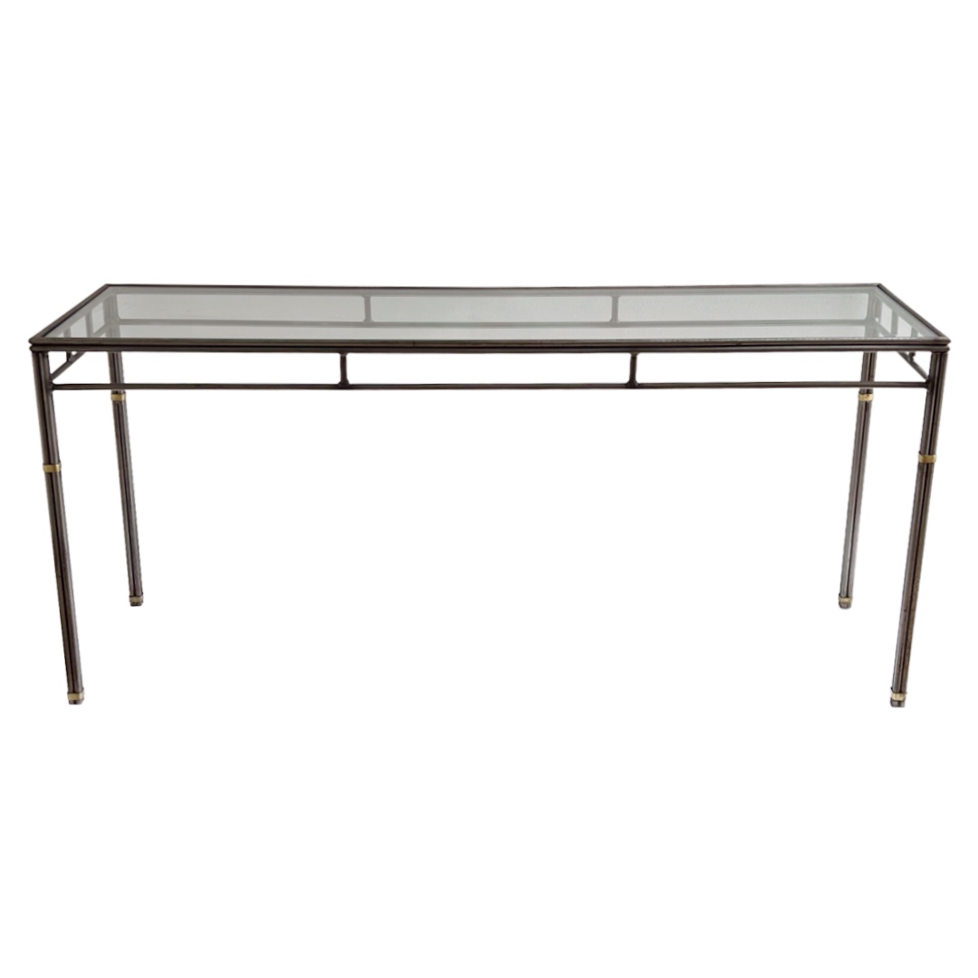 Brass Bound Steel and Plate Glass Console Table