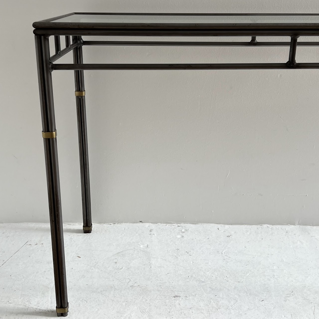 Brass Bound Steel and Plate Glass Console Table