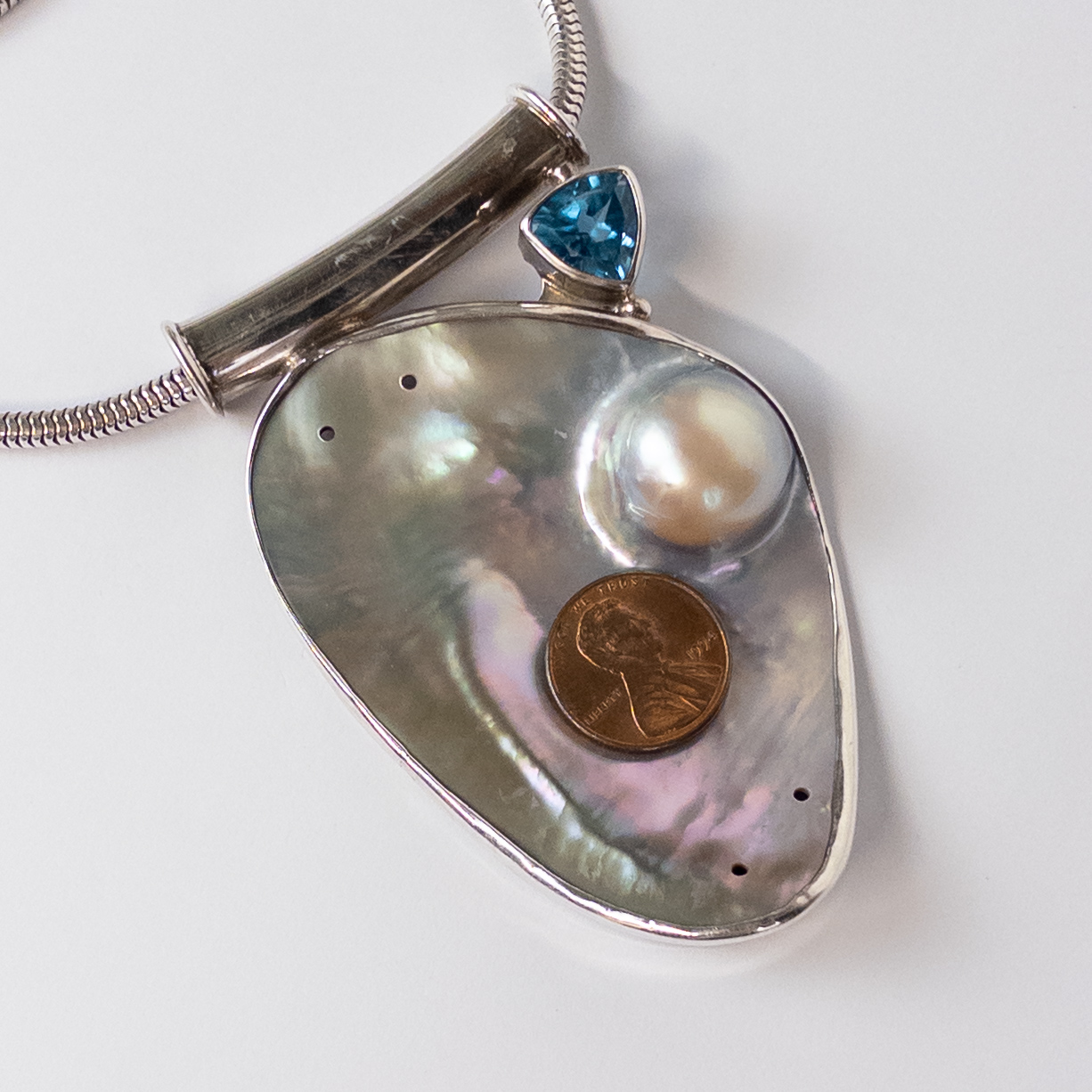 Sterling Silver, Mother of Pearl and Blue Gemstone Statement Pendant Necklace