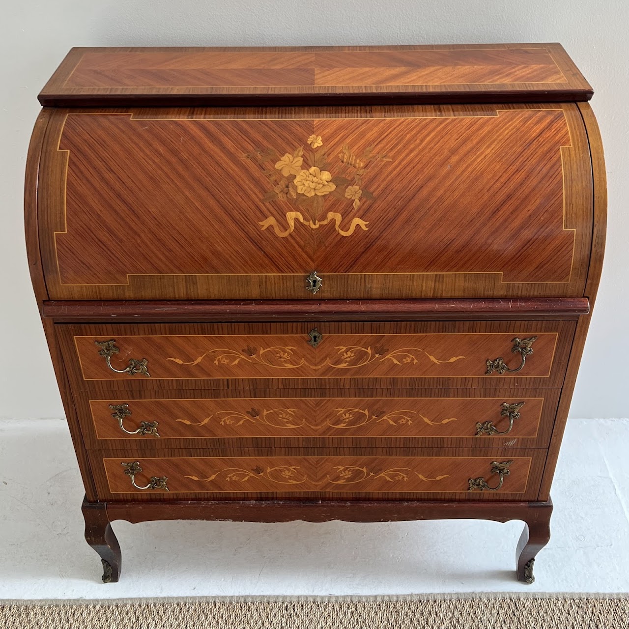 Italianate Marquetry Inlaid Roll-Top Secretaire Desk