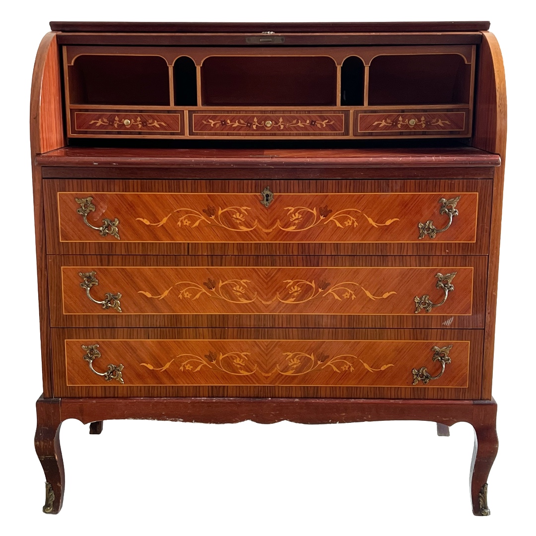 Italianate Marquetry Inlaid Roll-Top Secretaire Desk