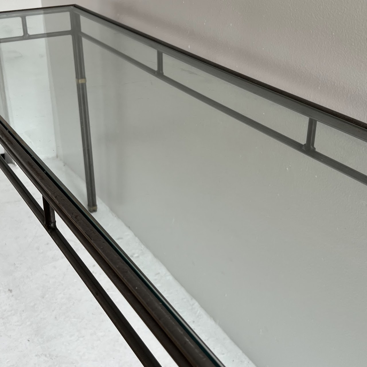 Brass Bound Steel and Plate Glass Console Table