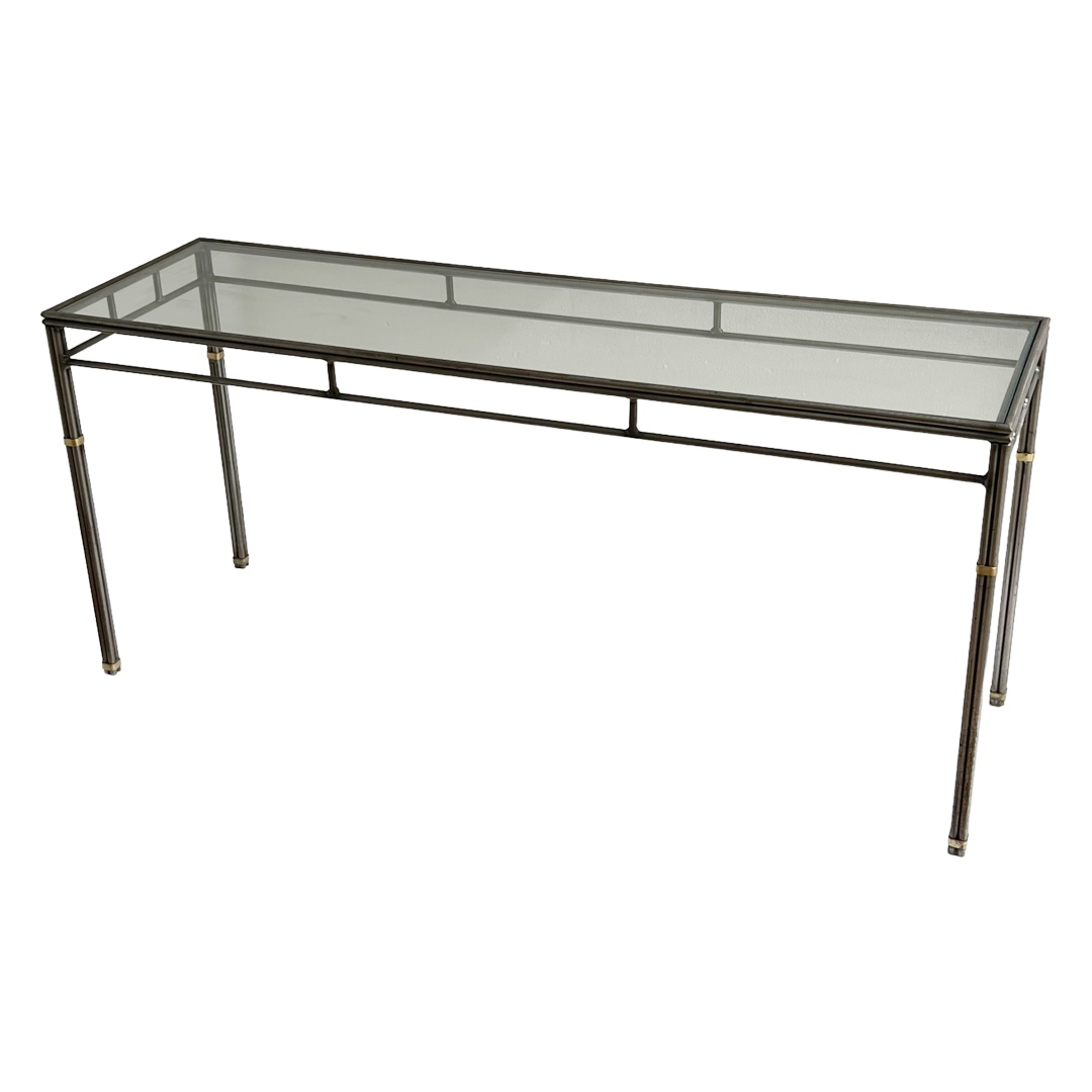 Brass Bound Steel and Plate Glass Console Table