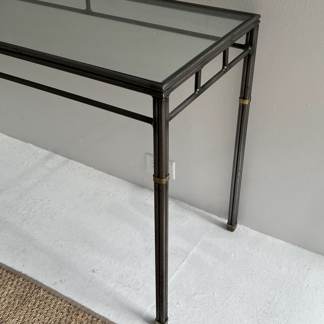 Brass Bound Steel and Plate Glass Console Table