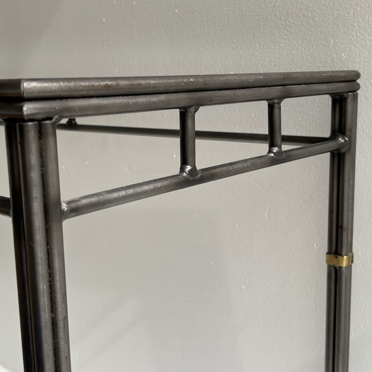 Brass Bound Steel and Plate Glass Console Table