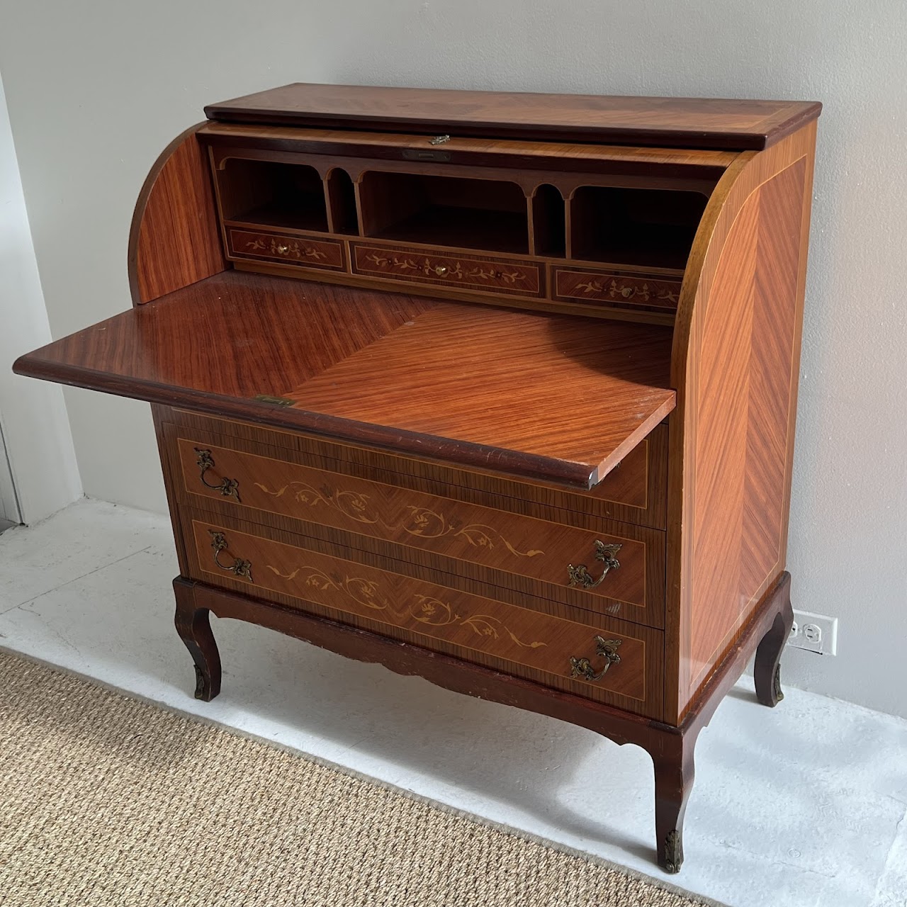 Italianate Marquetry Inlaid Roll-Top Secretaire Desk