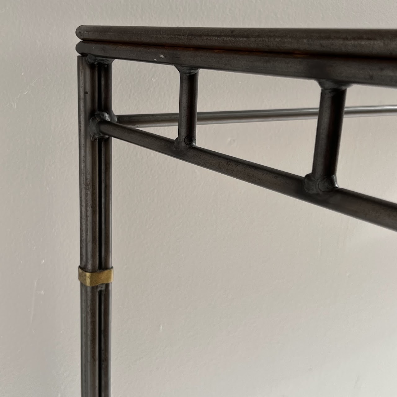 Brass Bound Steel and Plate Glass Console Table