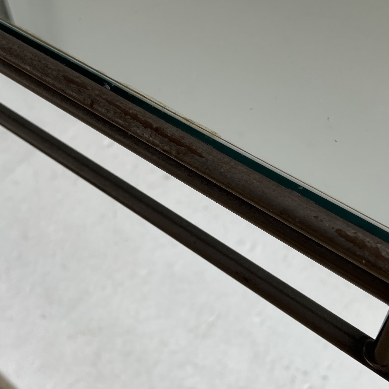 Brass Bound Steel and Plate Glass Console Table