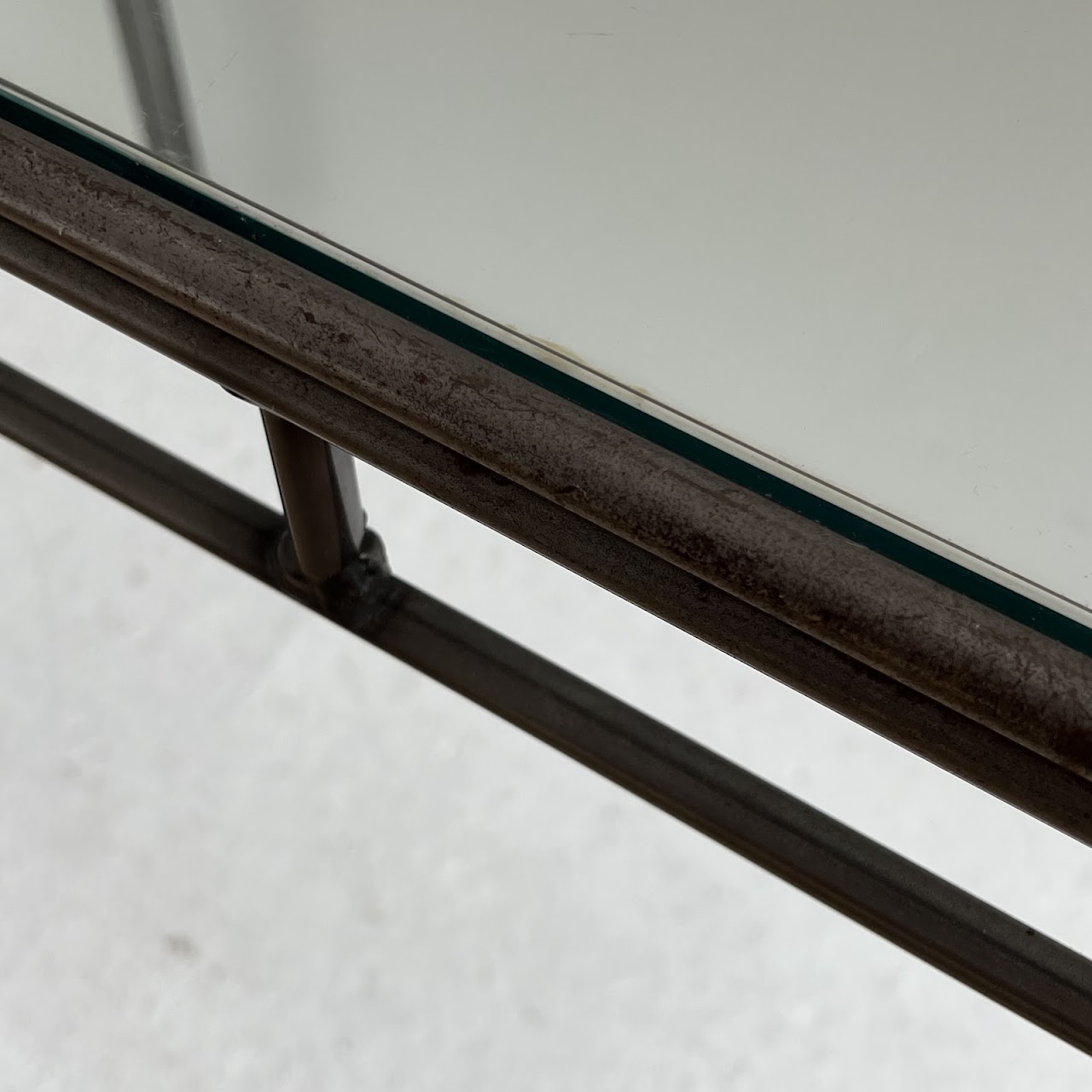 Brass Bound Steel and Plate Glass Console Table