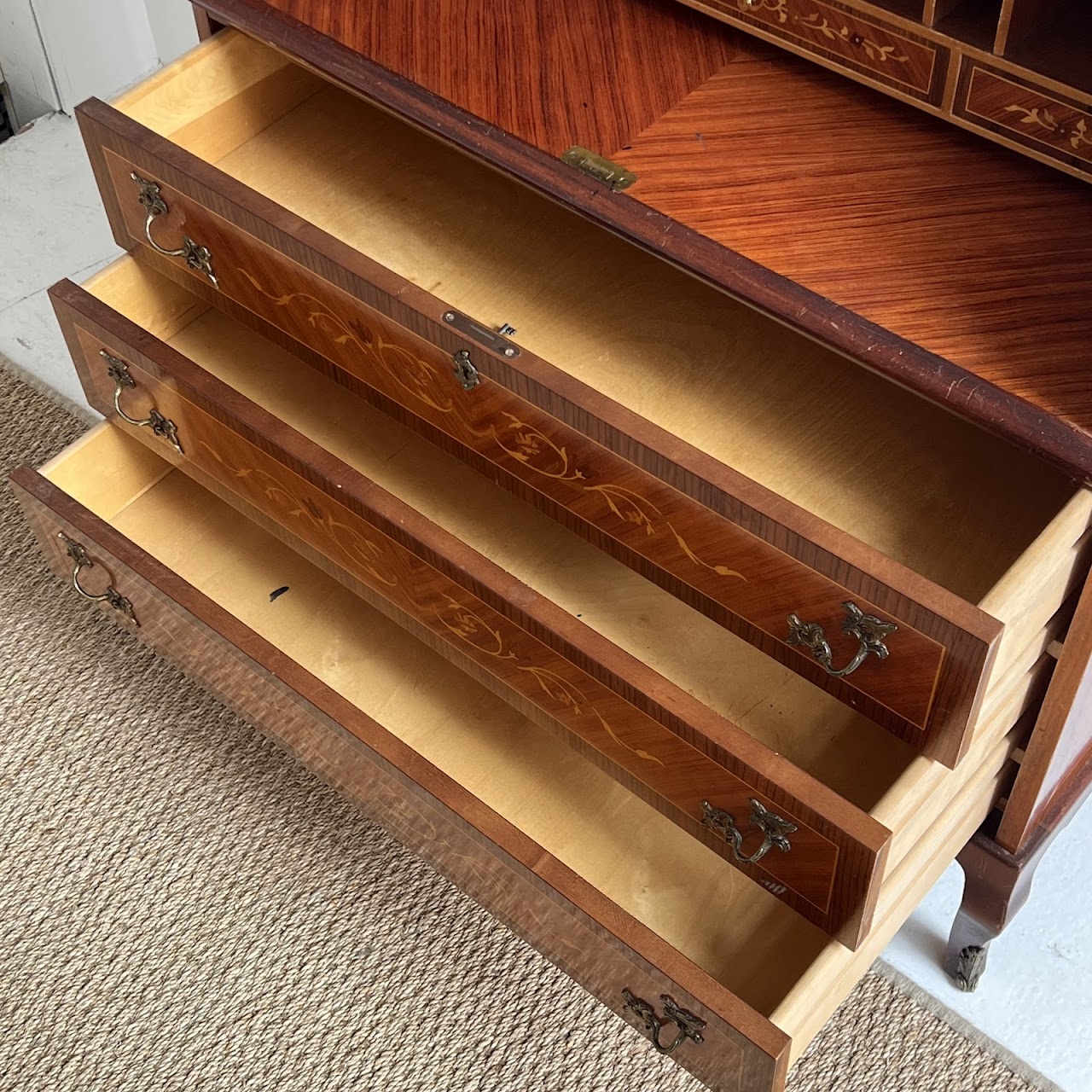 Italianate Marquetry Inlaid Roll-Top Secretaire Desk