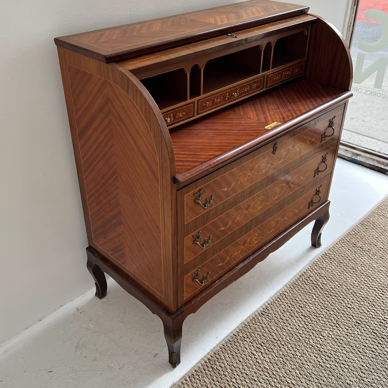 Italianate Marquetry Inlaid Roll-Top Secretaire Desk