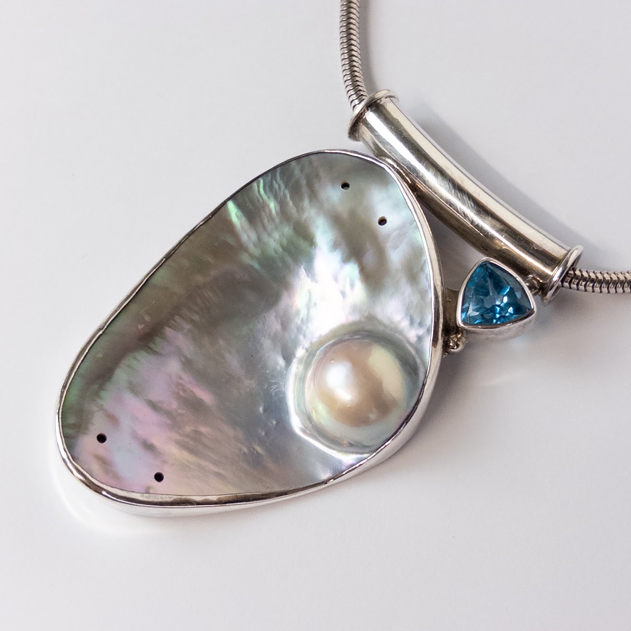 Sterling Silver, Mother of Pearl and Blue Gemstone Statement Pendant Necklace