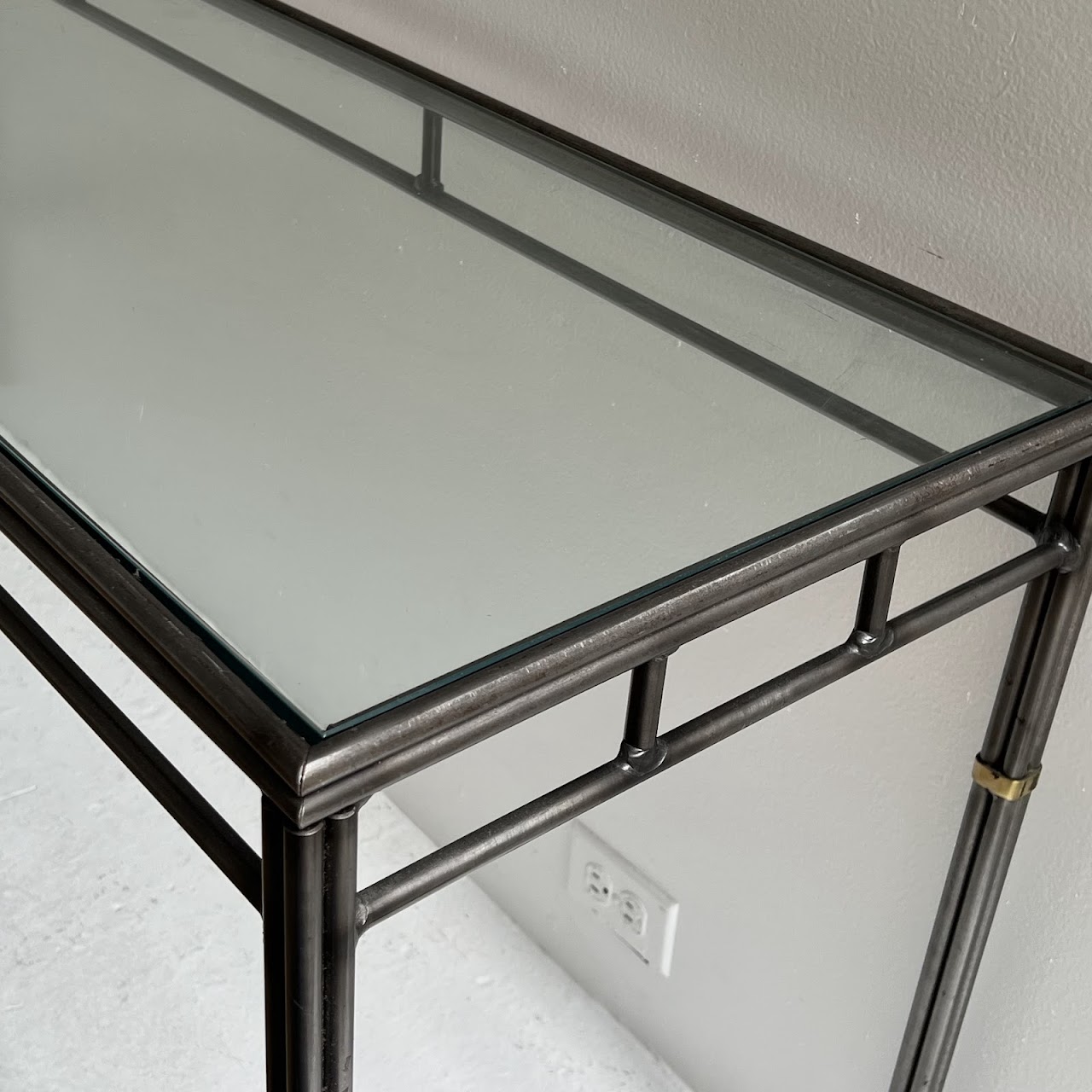 Brass Bound Steel and Plate Glass Console Table