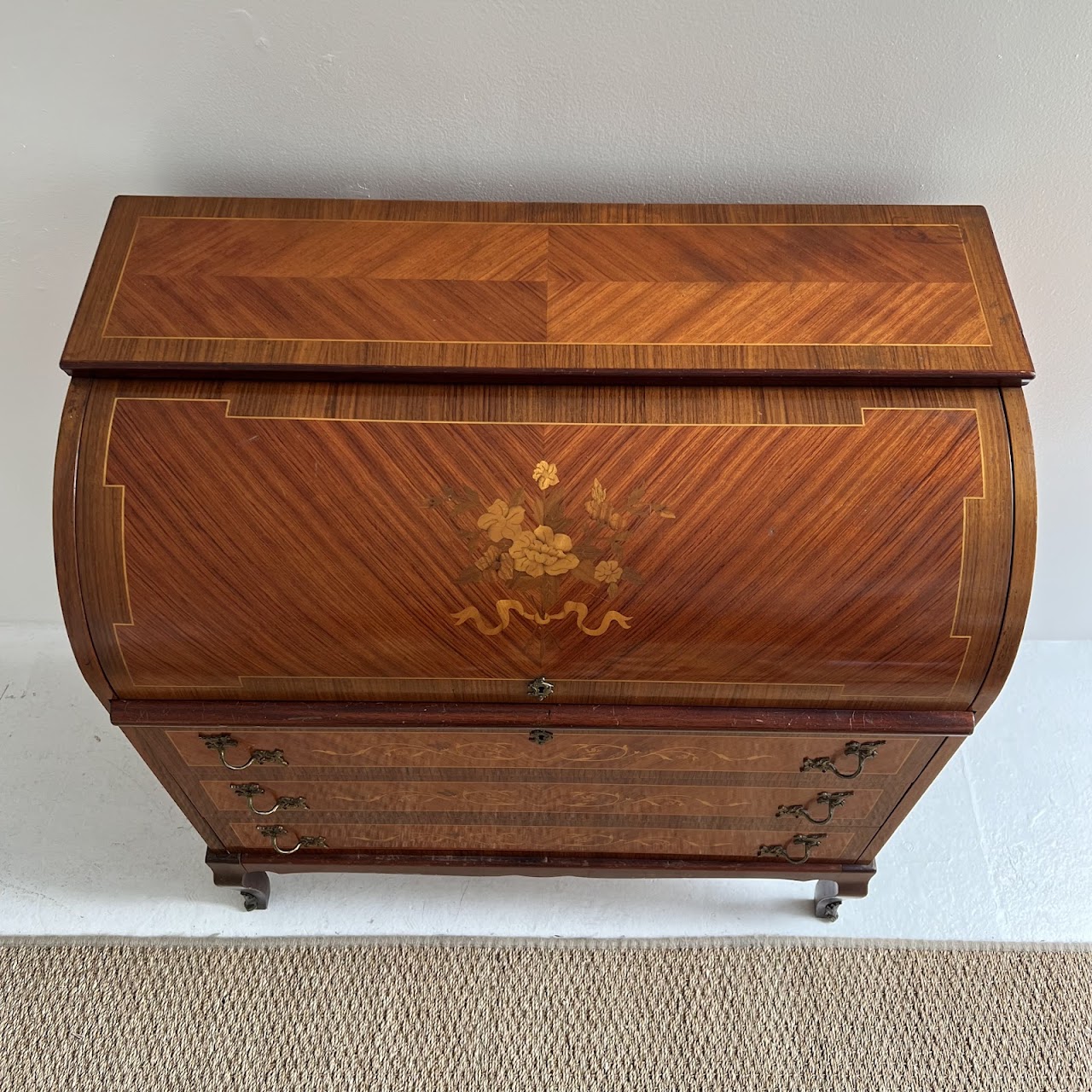 Italianate Marquetry Inlaid Roll-Top Secretaire Desk