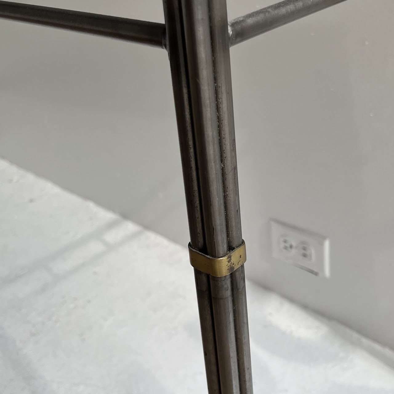 Brass Bound Steel and Plate Glass Console Table