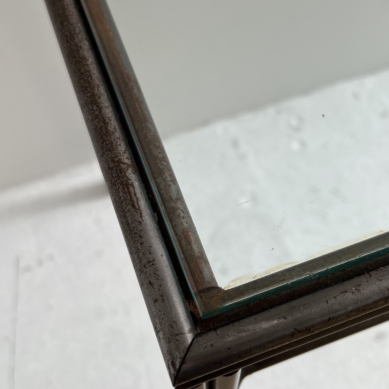 Brass Bound Steel and Plate Glass Console Table