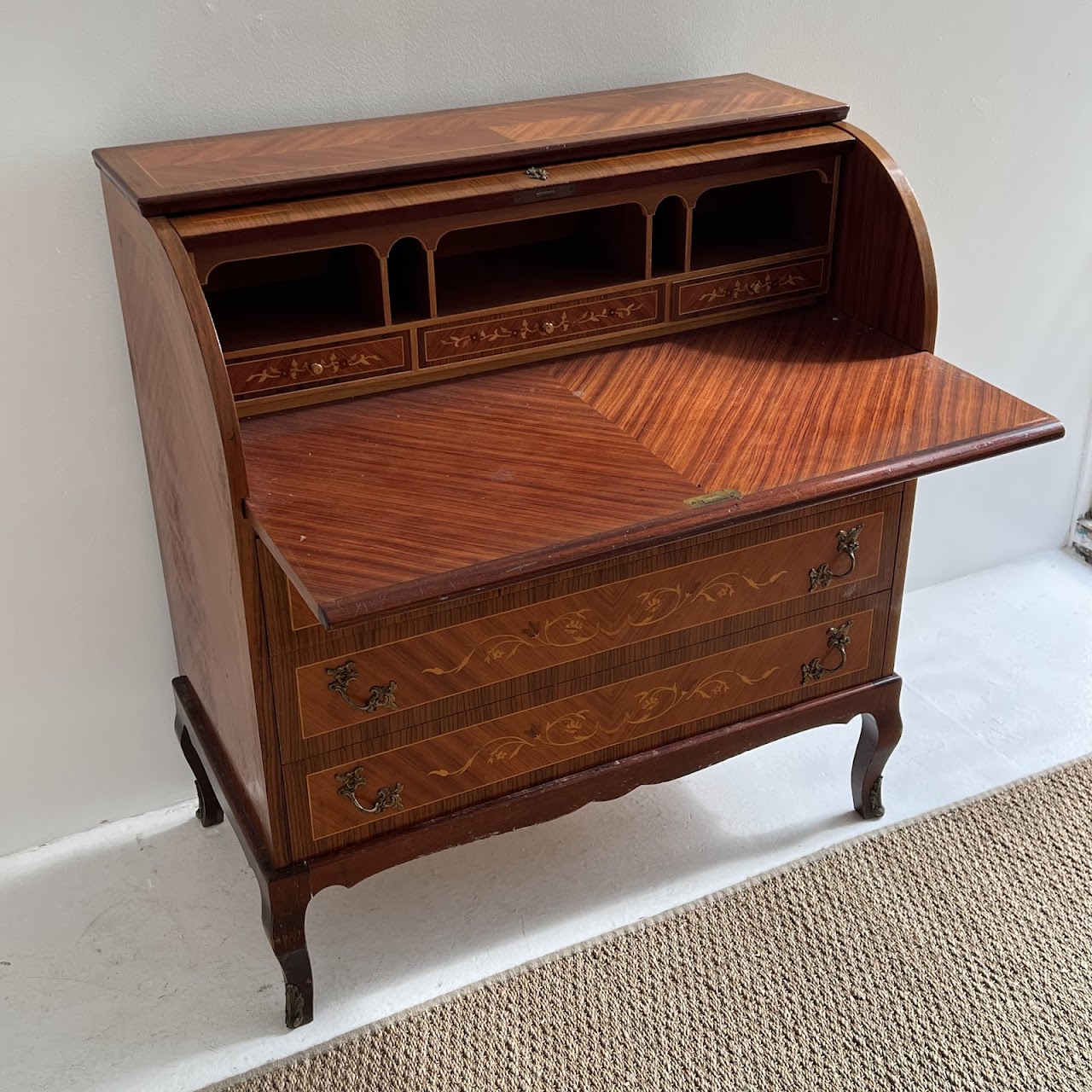 Italianate Marquetry Inlaid Roll-Top Secretaire Desk