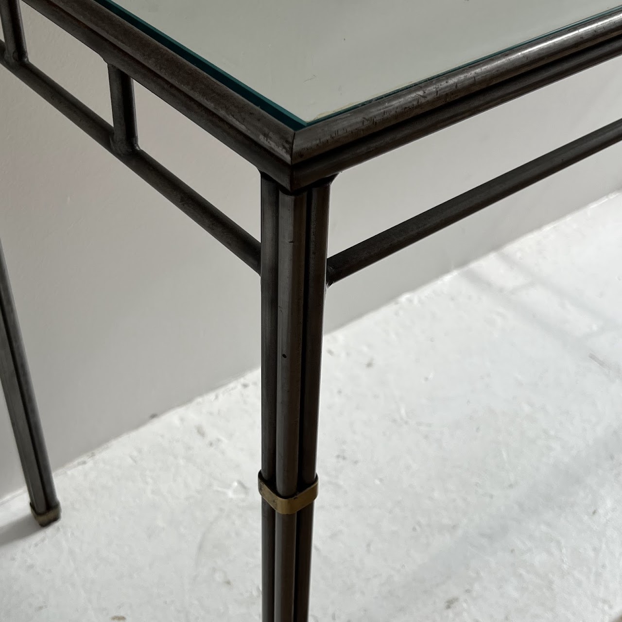 Brass Bound Steel and Plate Glass Console Table