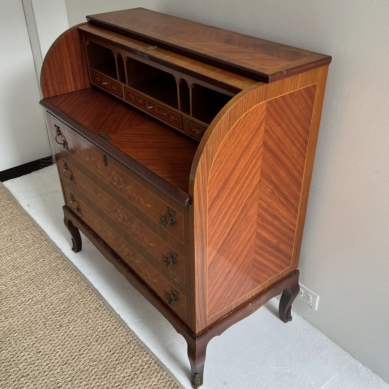 Italianate Marquetry Inlaid Roll-Top Secretaire Desk