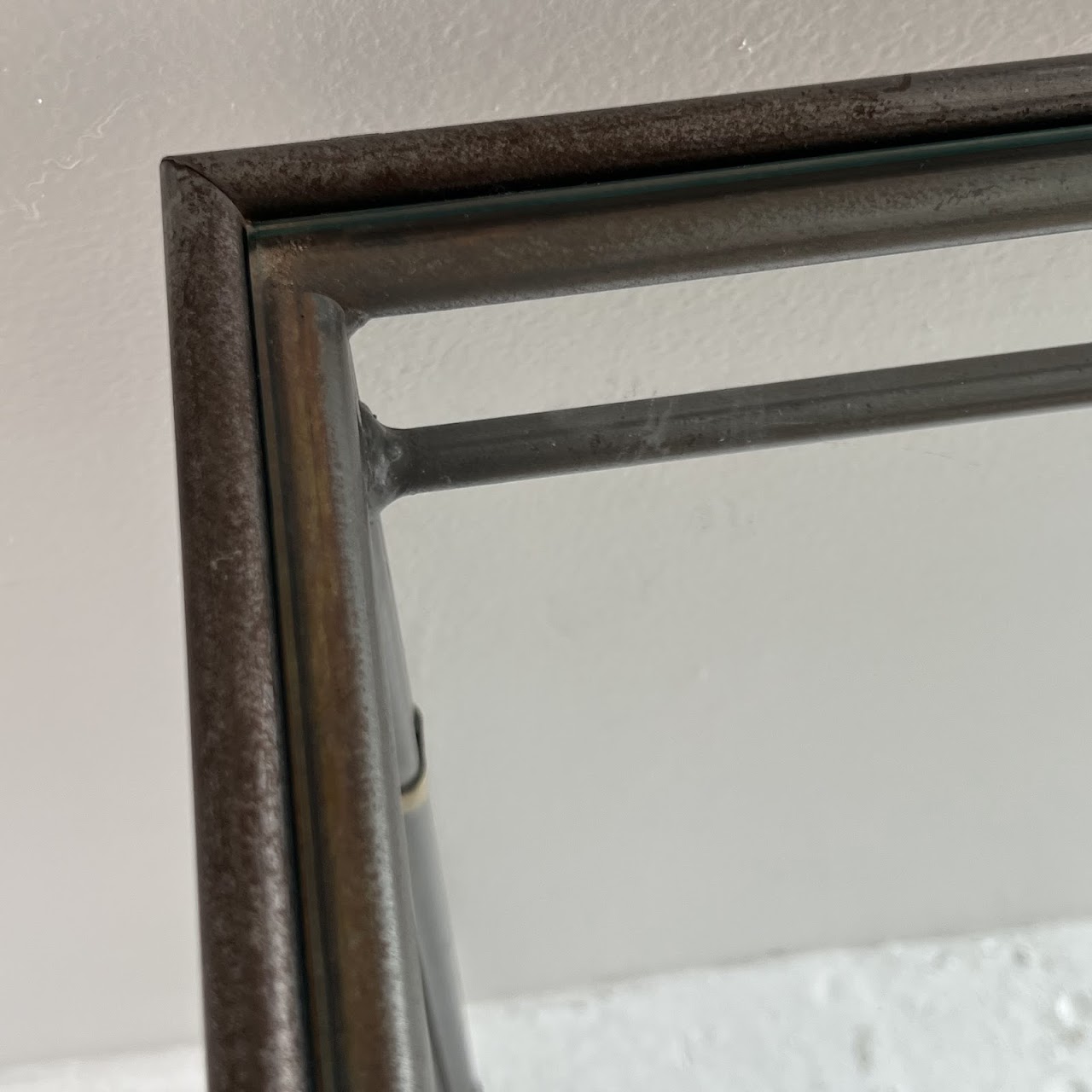 Brass Bound Steel and Plate Glass Console Table