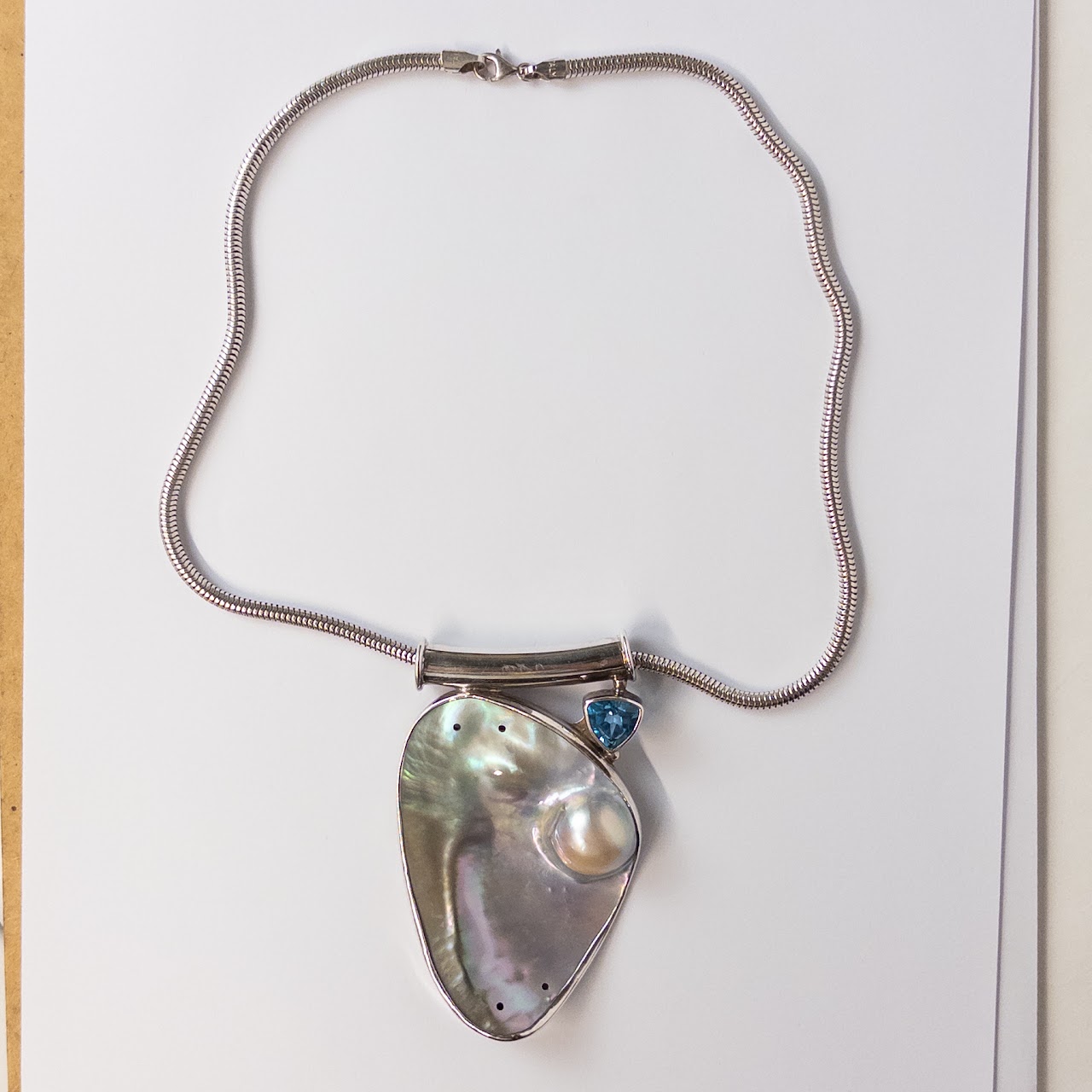 Sterling Silver, Mother of Pearl and Blue Gemstone Statement Pendant Necklace