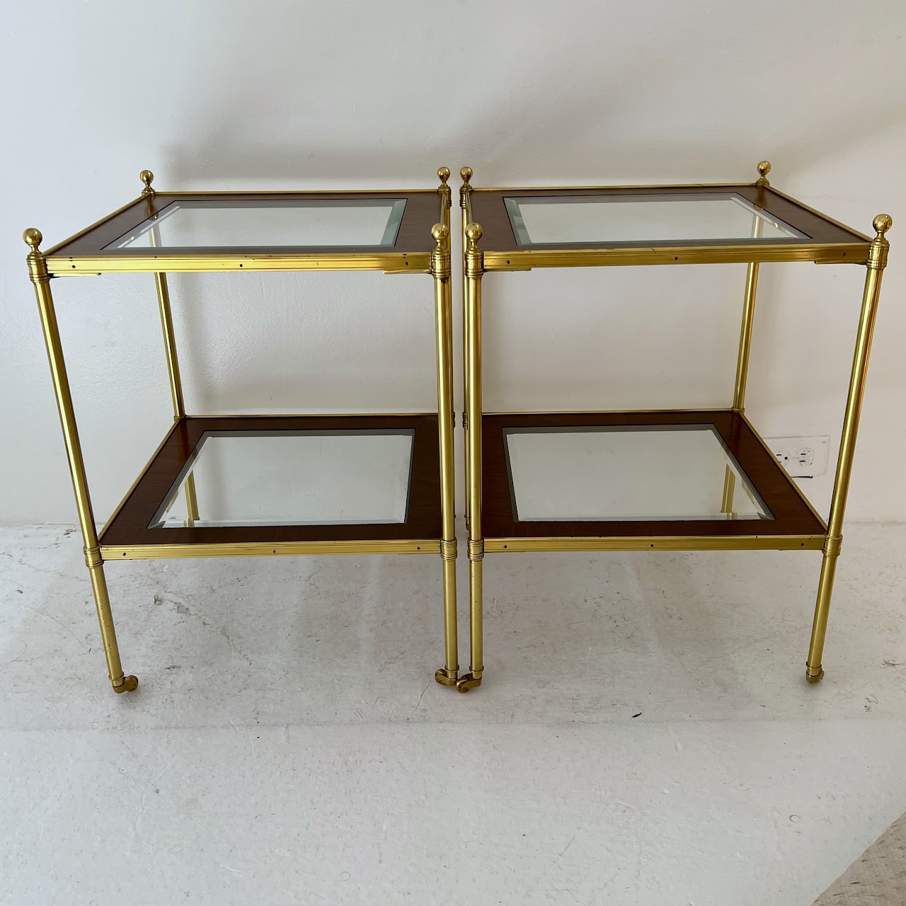 Mallet Style Brass, Mahogany and Glass Two-Tier End Table Pair