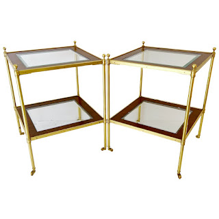 Mallet Style Brass, Mahogany and Glass Two-Tier End Table Pair