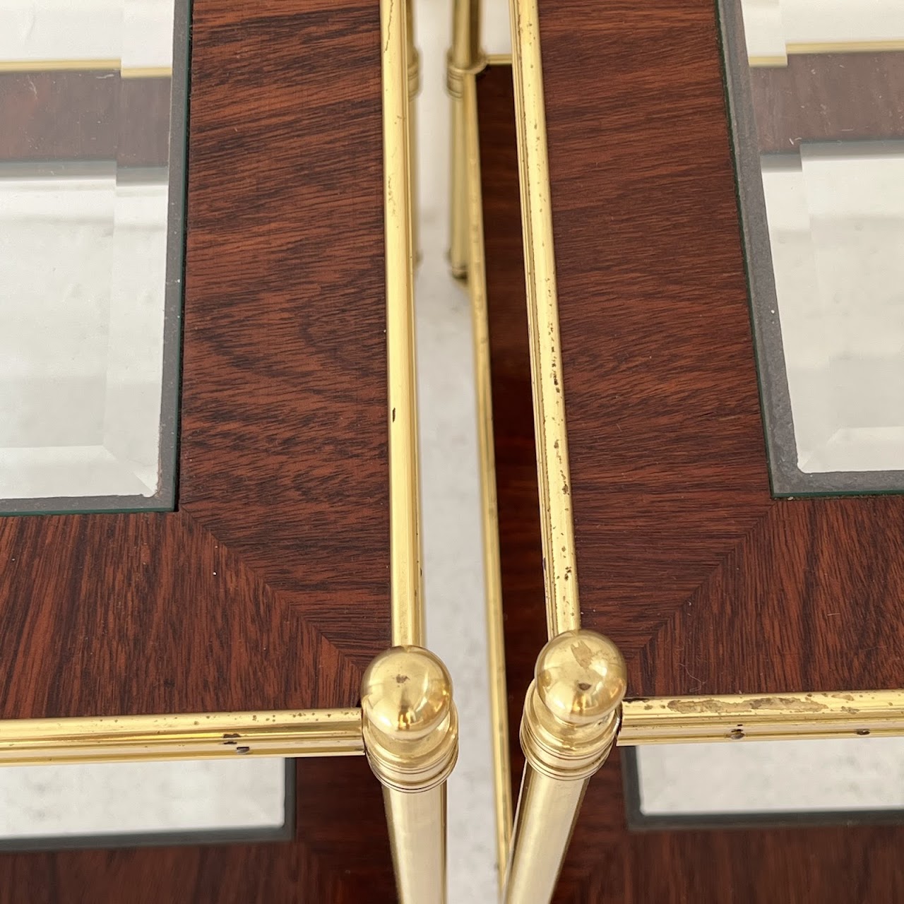 Mallet Style Brass, Mahogany and Glass Two-Tier End Table Pair