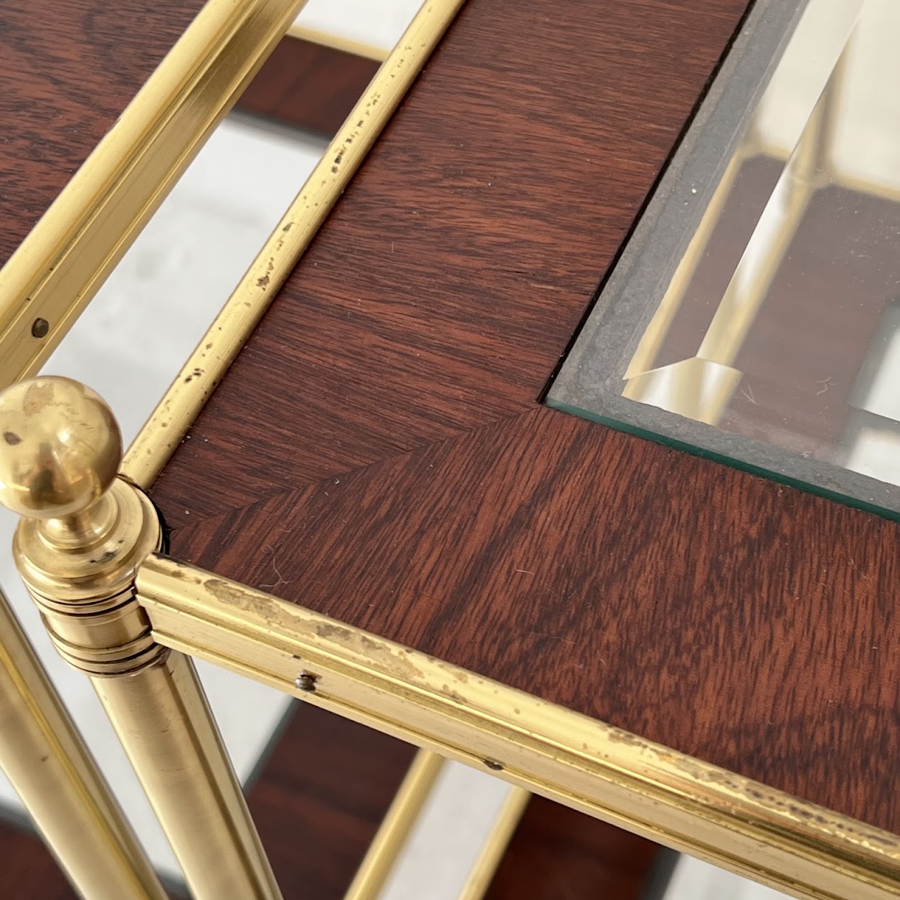 Mallet Style Brass, Mahogany and Glass Two-Tier End Table Pair