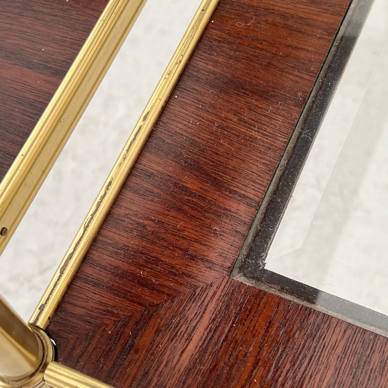 Mallet Style Brass, Mahogany and Glass Two-Tier End Table Pair