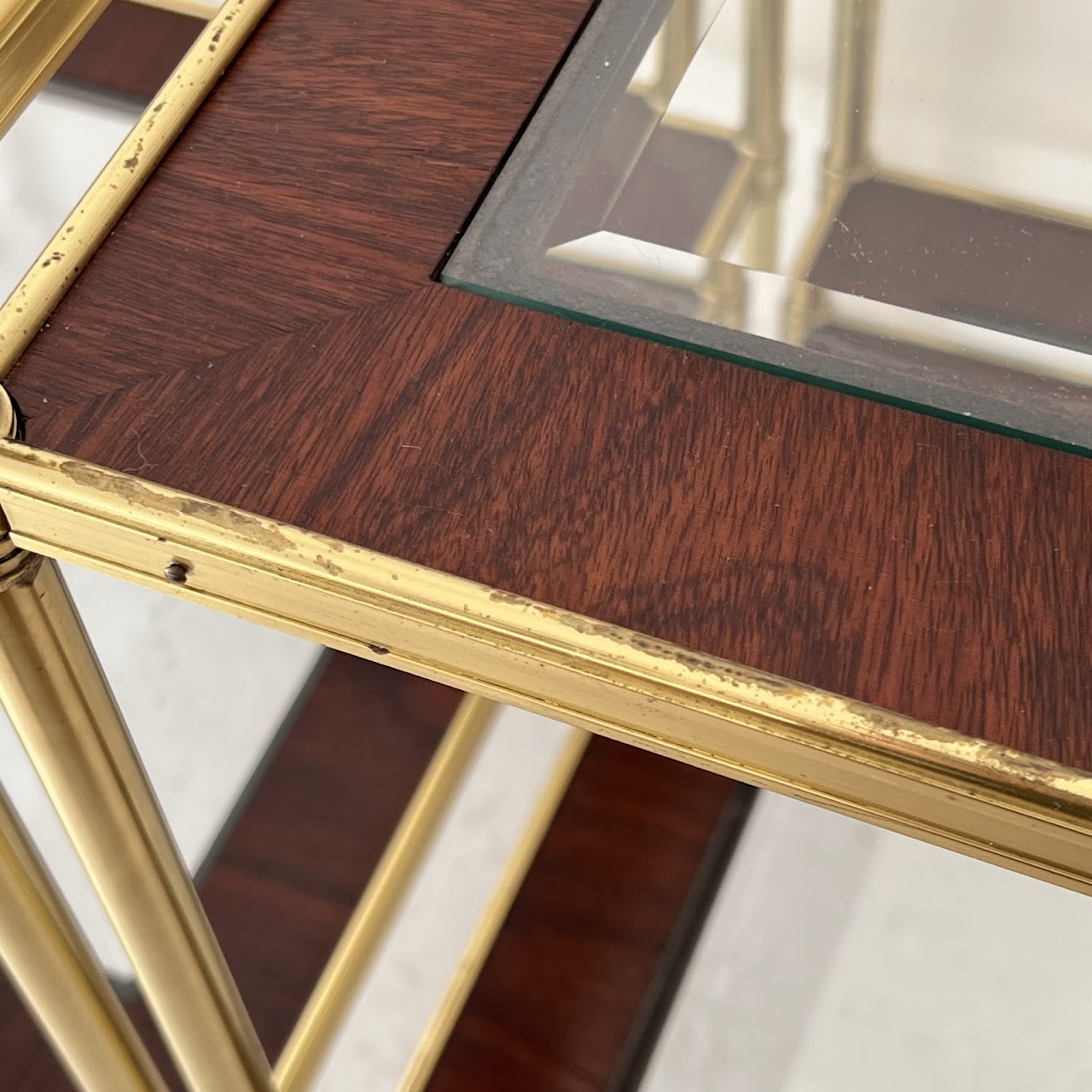 Mallet Style Brass, Mahogany and Glass Two-Tier End Table Pair