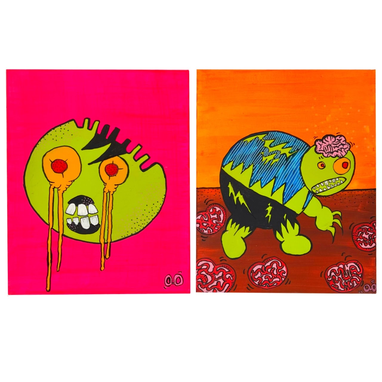 Jelly Baby Signed Halloween Monster Painting Pair