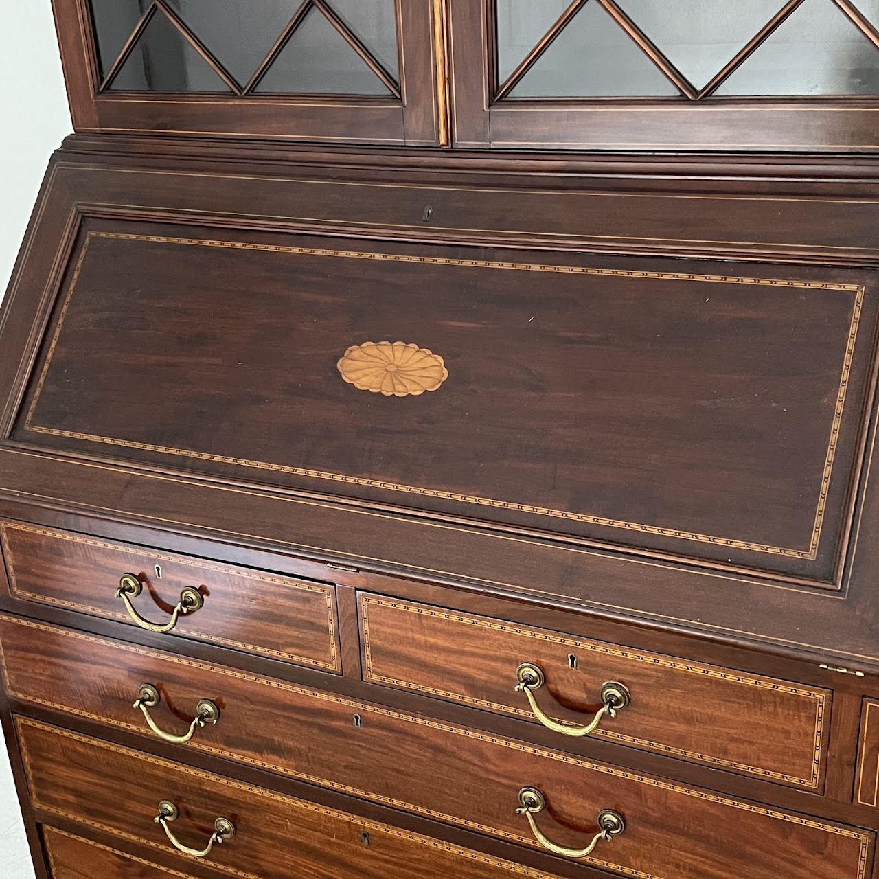 George III Style Inlaid Mahogany Bureau Bookcase Secretary Desk