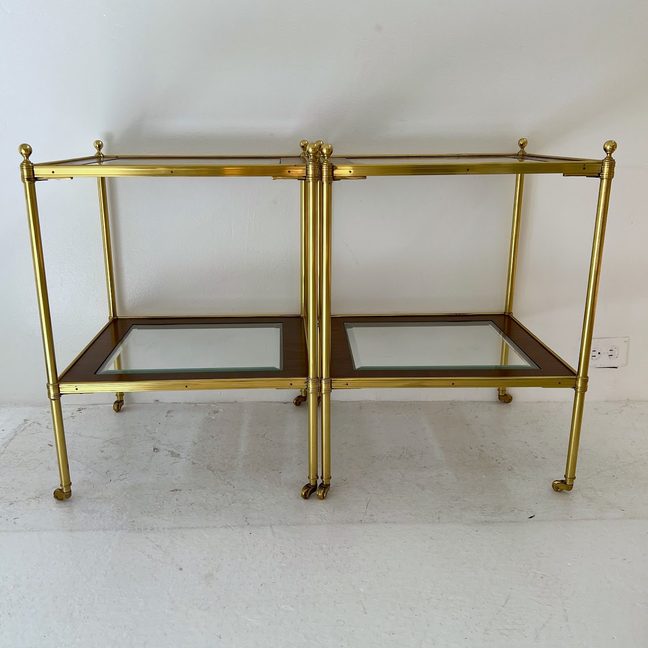 Mallet Style Brass, Mahogany and Glass Two-Tier End Table Pair