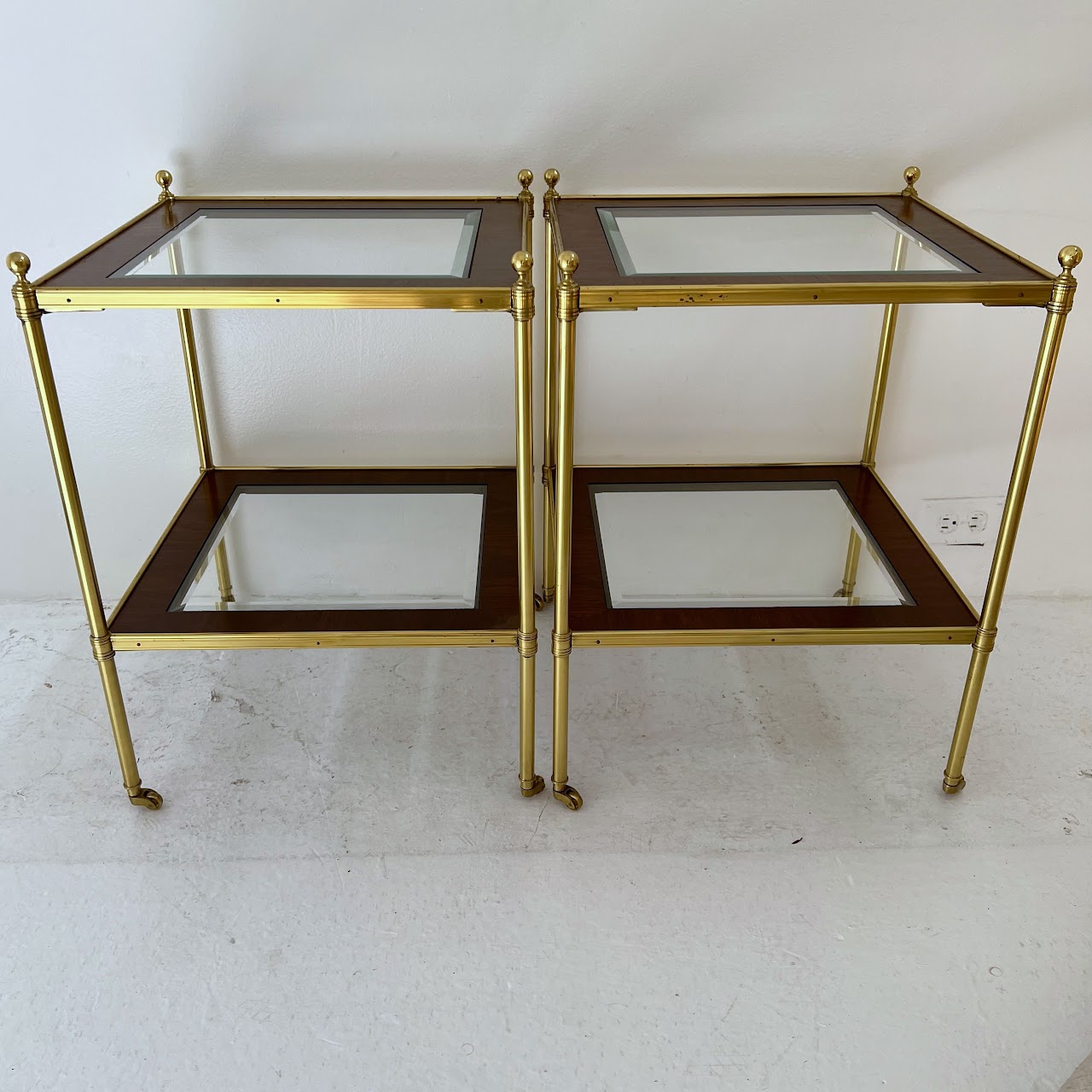 Mallet Style Brass, Mahogany and Glass Two-Tier End Table Pair