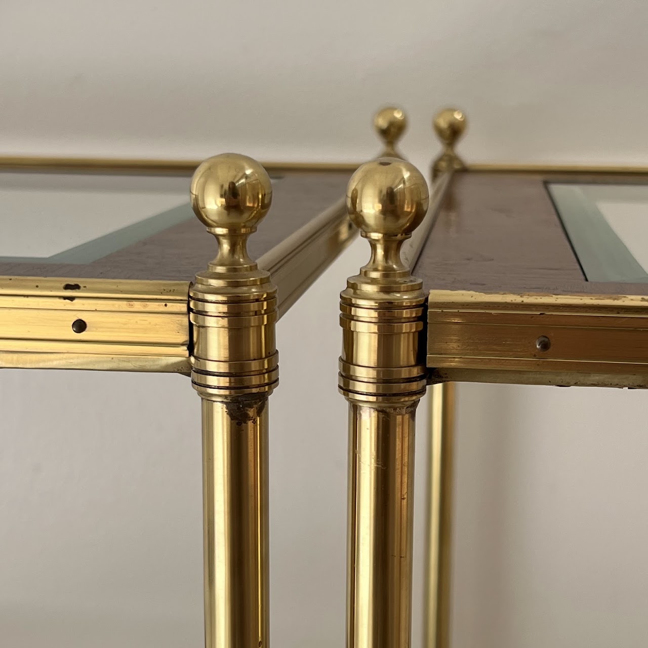 Mallet Style Brass, Mahogany and Glass Two-Tier End Table Pair