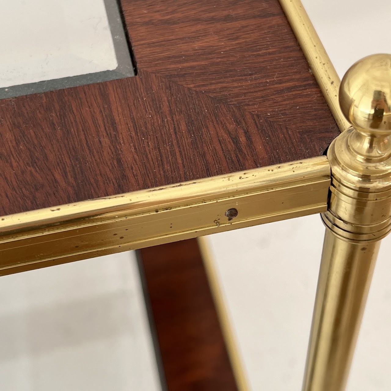 Mallet Style Brass, Mahogany and Glass Two-Tier End Table Pair