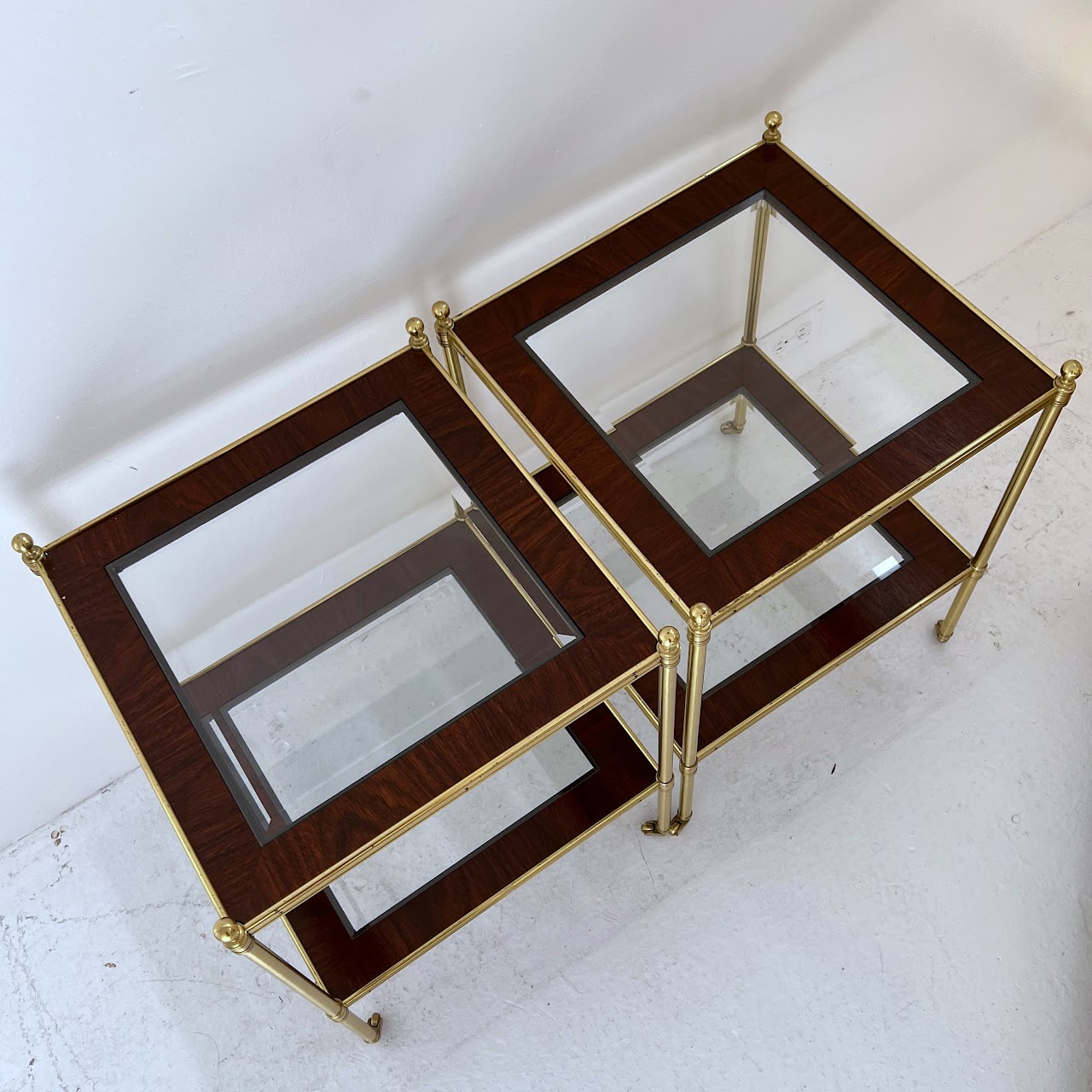 Mallet Style Brass, Mahogany and Glass Two-Tier End Table Pair