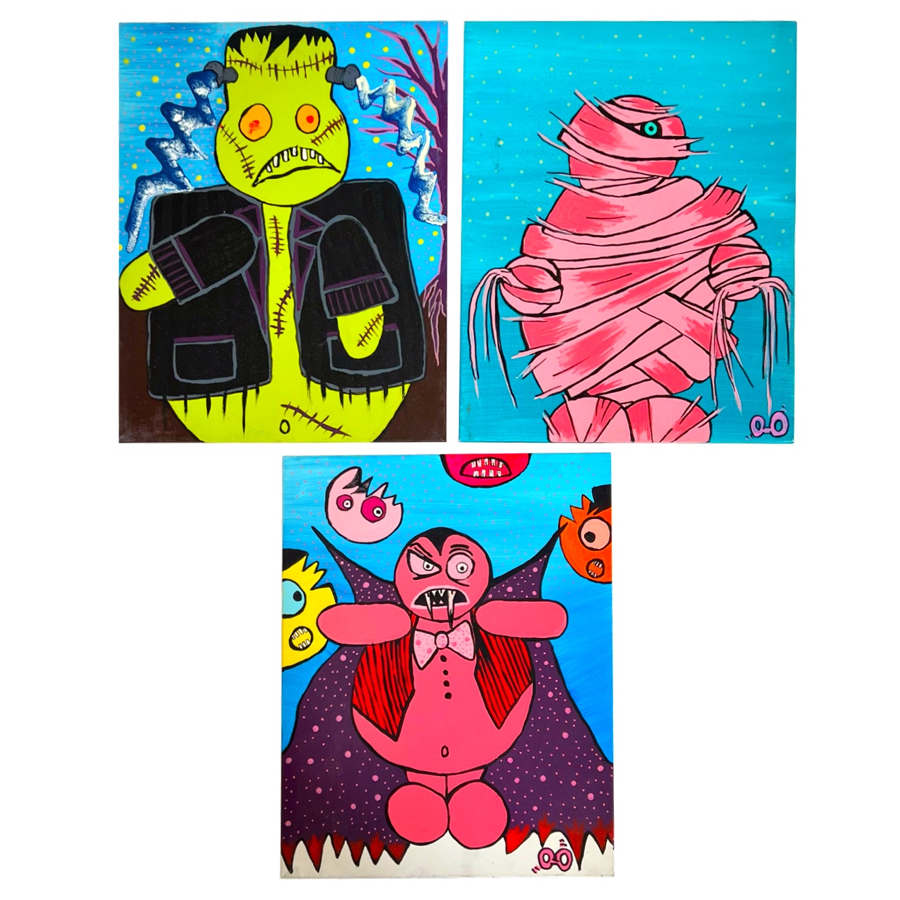 Jelly Baby Signed Dracula, Frankenstein's Monster and Mummy Halloween Painting Trio