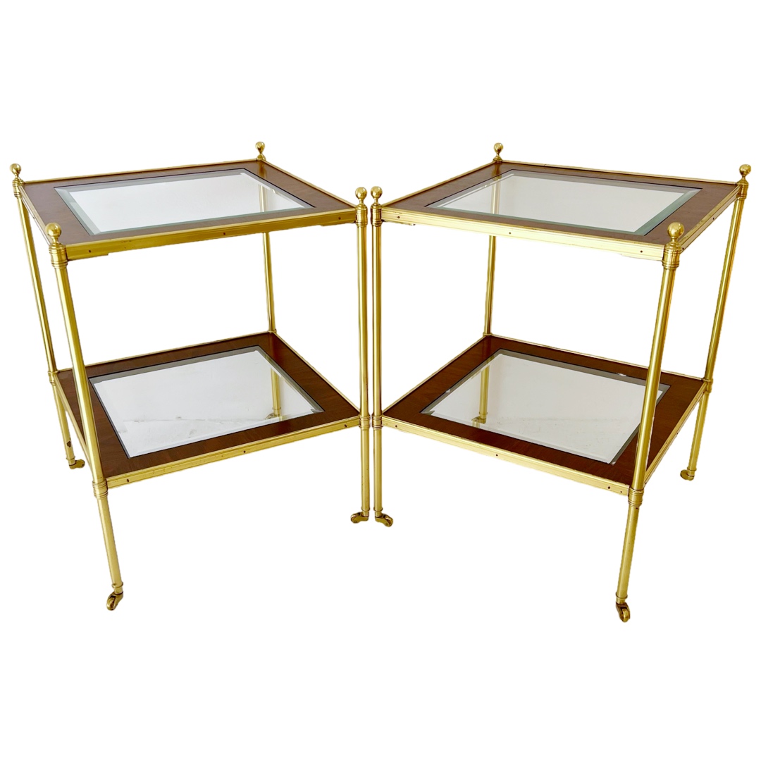 Mallet Style Brass, Mahogany and Glass Two-Tier End Table Pair