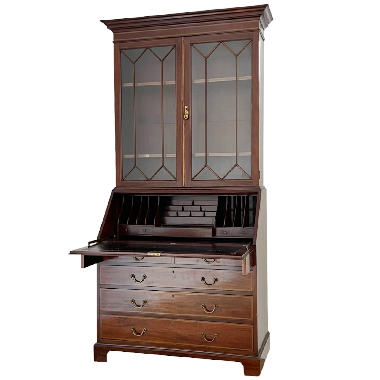 George III Style Inlaid Mahogany Bureau Bookcase Secretary Desk