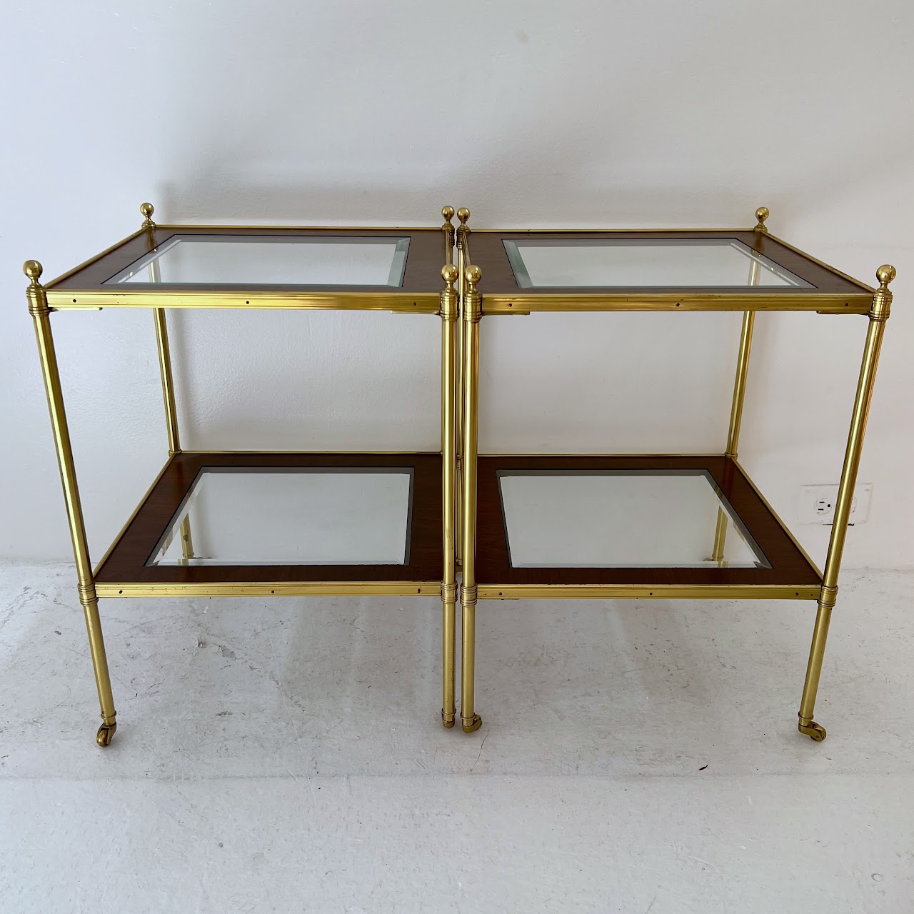 Mallet Style Brass, Mahogany and Glass Two-Tier End Table Pair