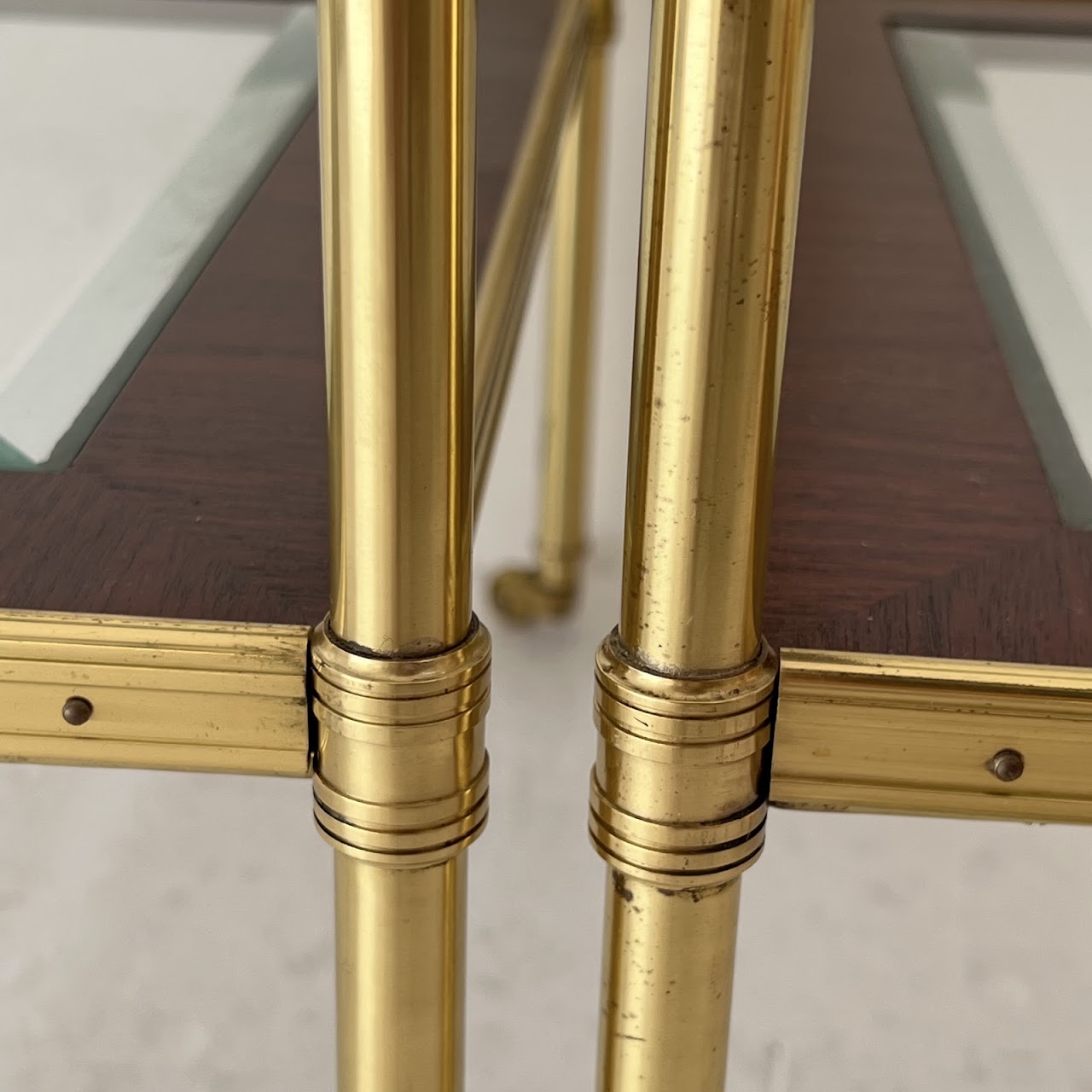 Mallet Style Brass, Mahogany and Glass Two-Tier End Table Pair