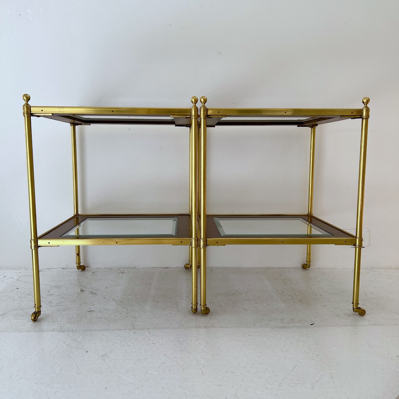 Mallet Style Brass, Mahogany and Glass Two-Tier End Table Pair