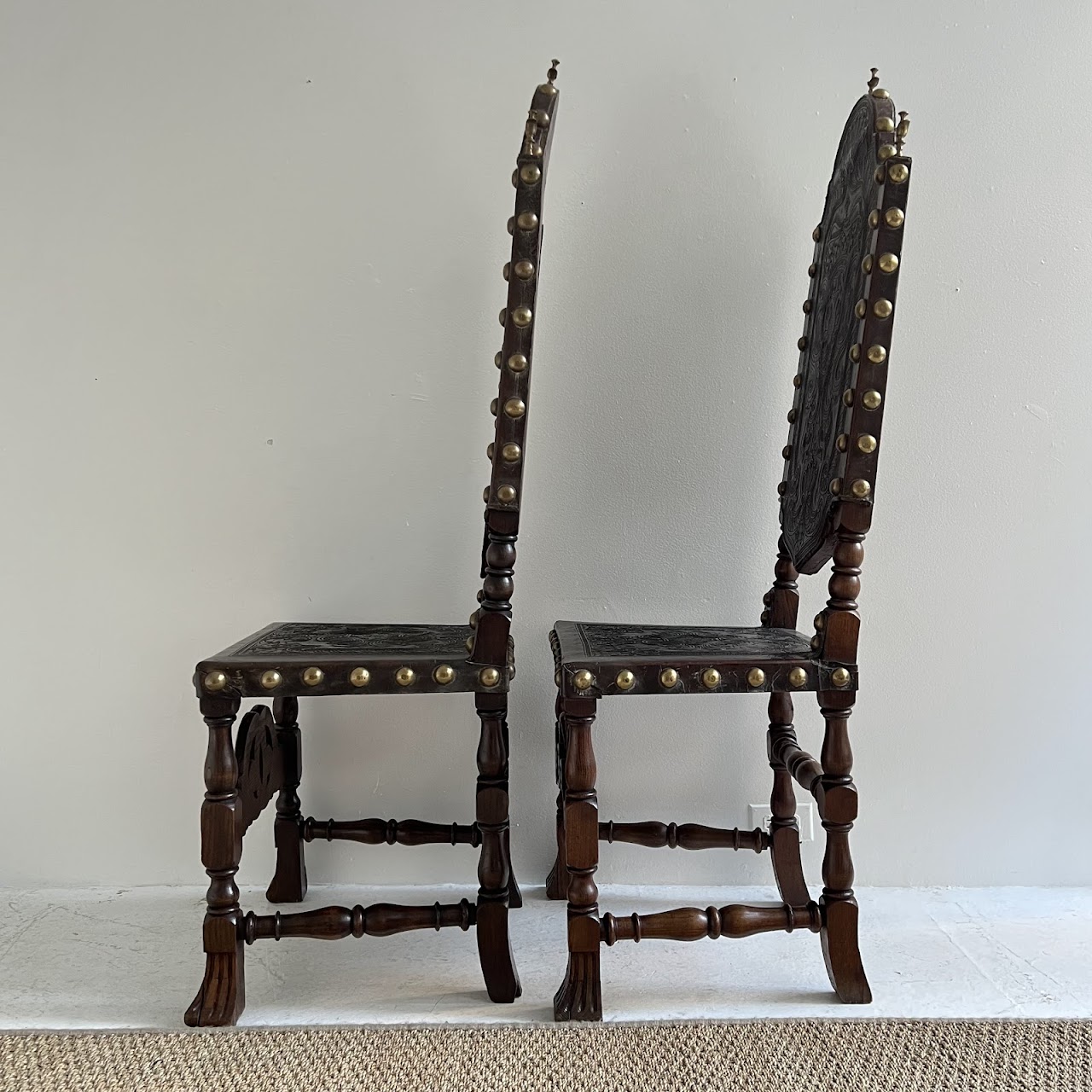 19th C. Portuguese Embossed Leather High-Back Side Chair Pair