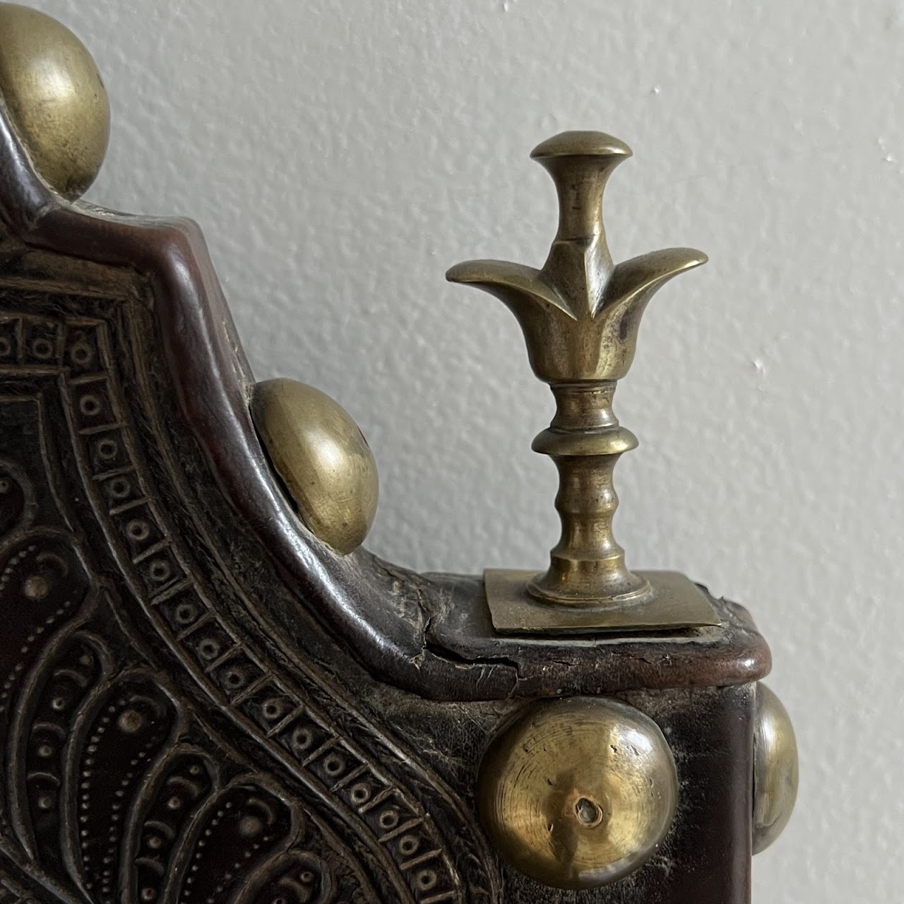 19th C. Portuguese Embossed Leather High-Back Side Chair Pair