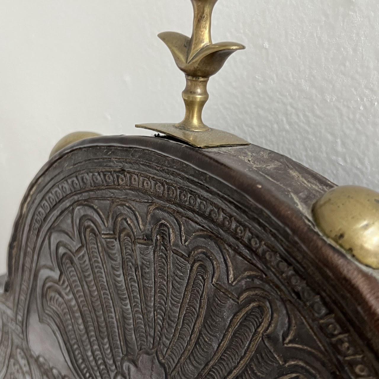 19th C. Portuguese Embossed Leather High-Back Side Chair Pair