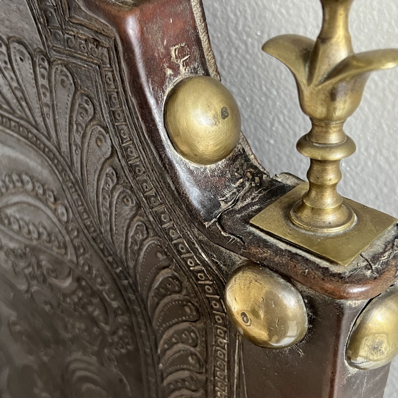 19th C. Portuguese Embossed Leather High-Back Side Chair Pair