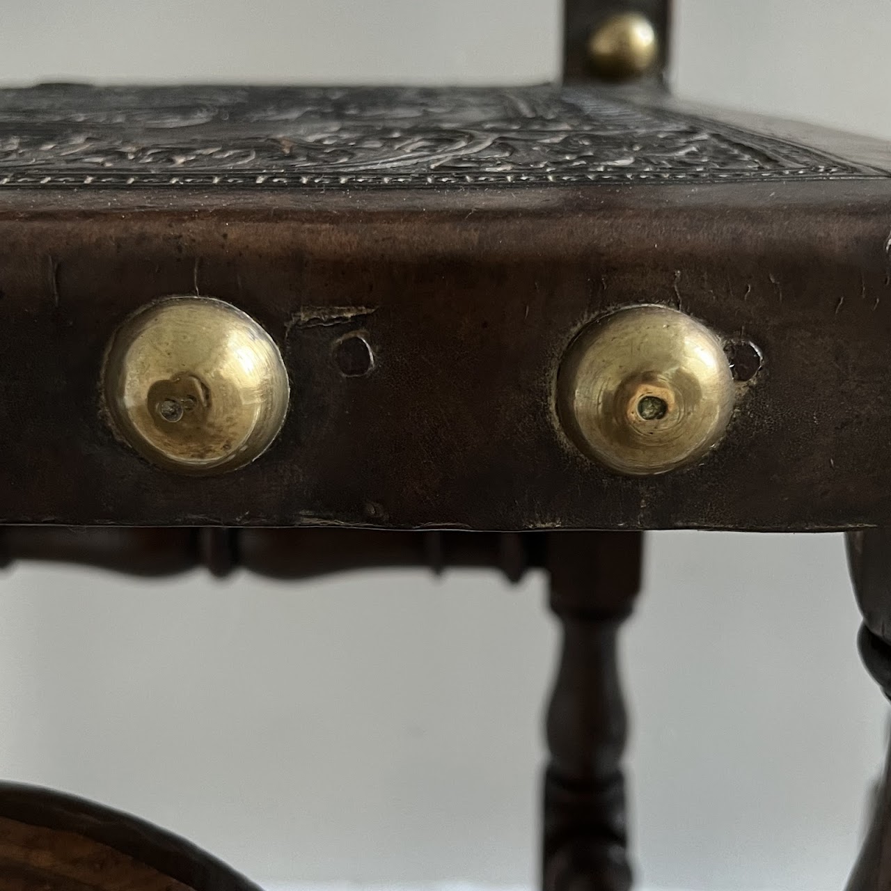 19th C. Portuguese Embossed Leather High-Back Side Chair Pair