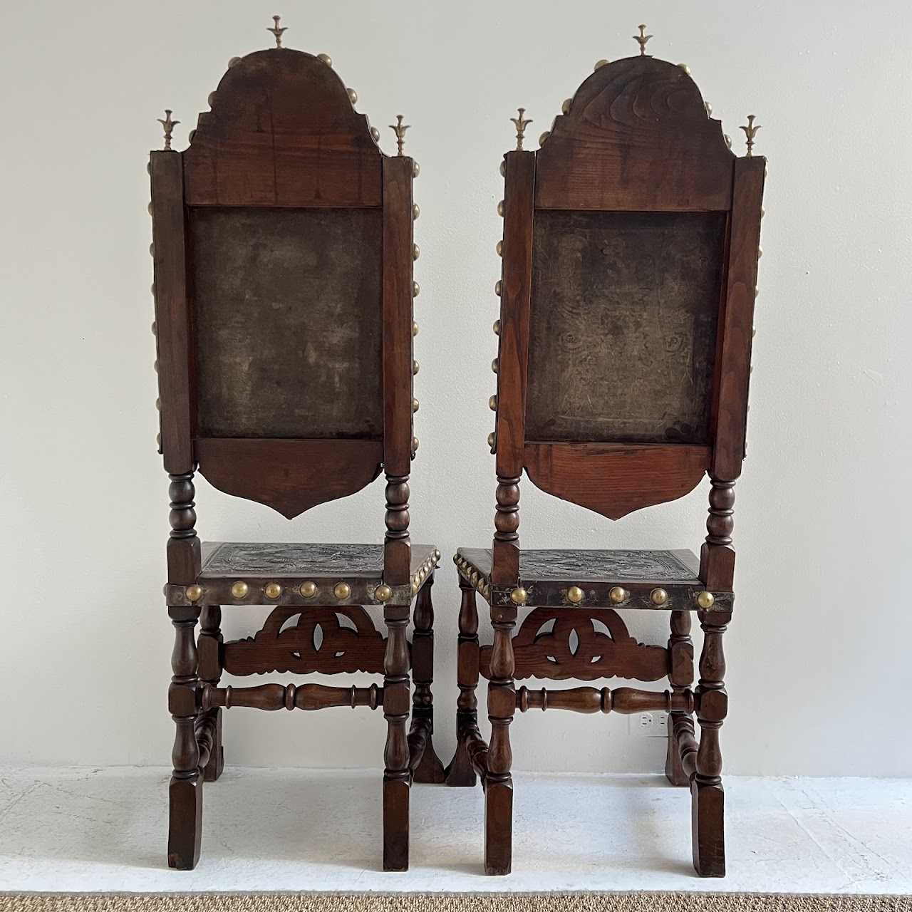 19th C. Portuguese Embossed Leather High-Back Side Chair Pair